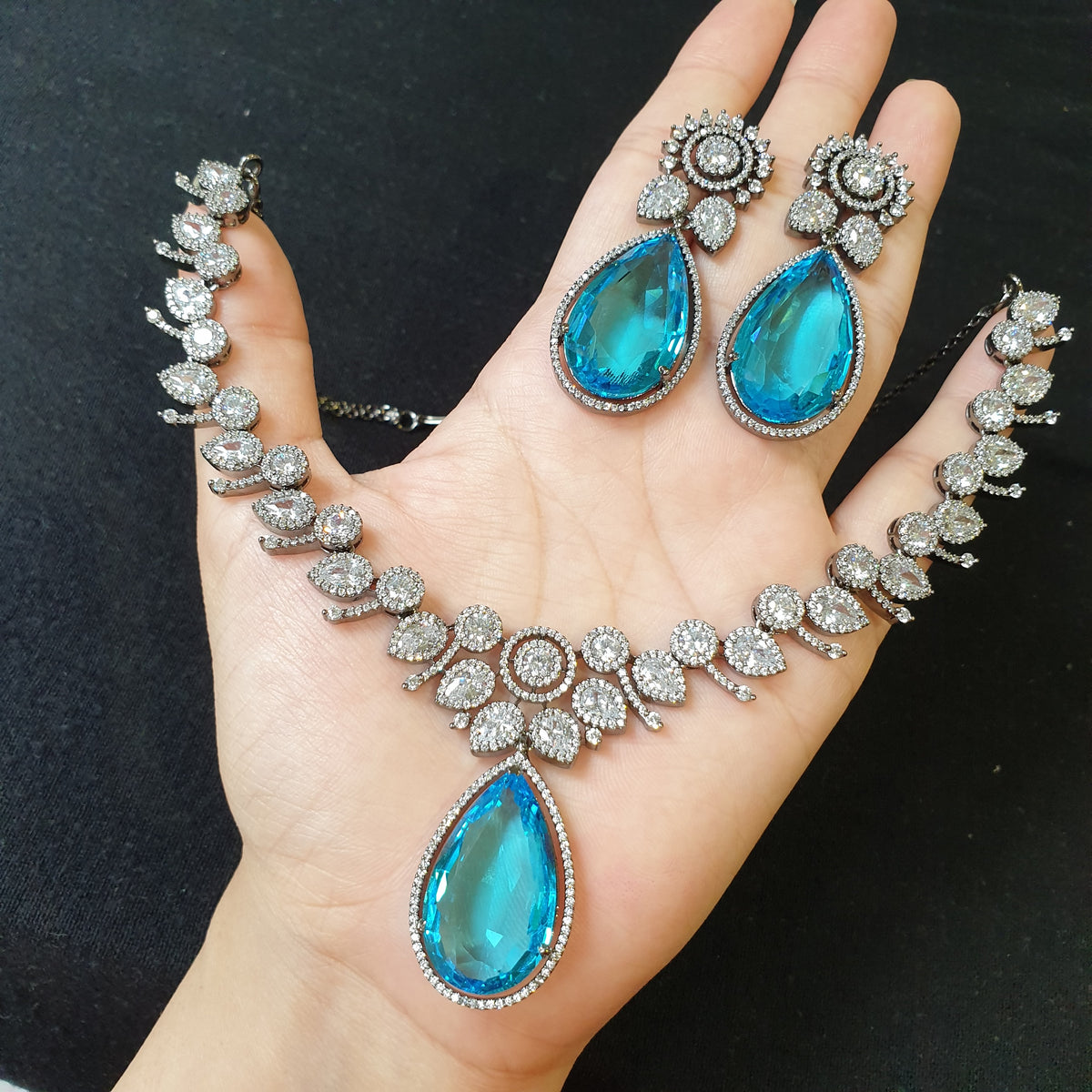 Blue Topaz Necklace Set - Black Polish Oxidised