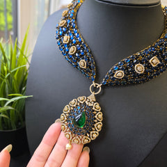 Soha - Classy Blue Sapphire Necklace & Earrings With Antique Finish