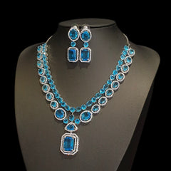Blue Topaz Necklace Set With Cubic Zirconia - White Gold Plated