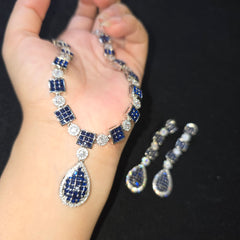 Blue Sapphire Necklace Set with Cubic Zirconia – White Gold Plated