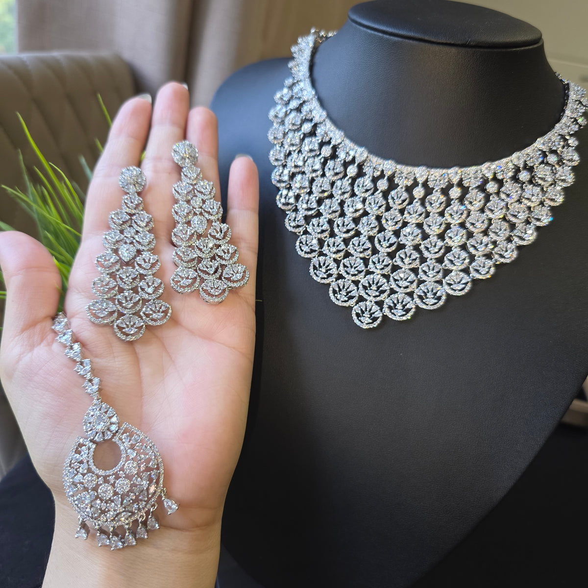 Jena - Dazzling Silver White Cubic Zirconia Necklace Set with Earrings and Tika