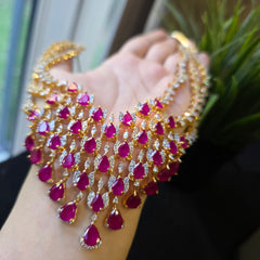 Lina - Rubies Gold Three Layers Necklace Set with Earrings