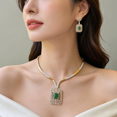 Suri - Bespoke Emerald Green Gold Necklace Set with Earrings