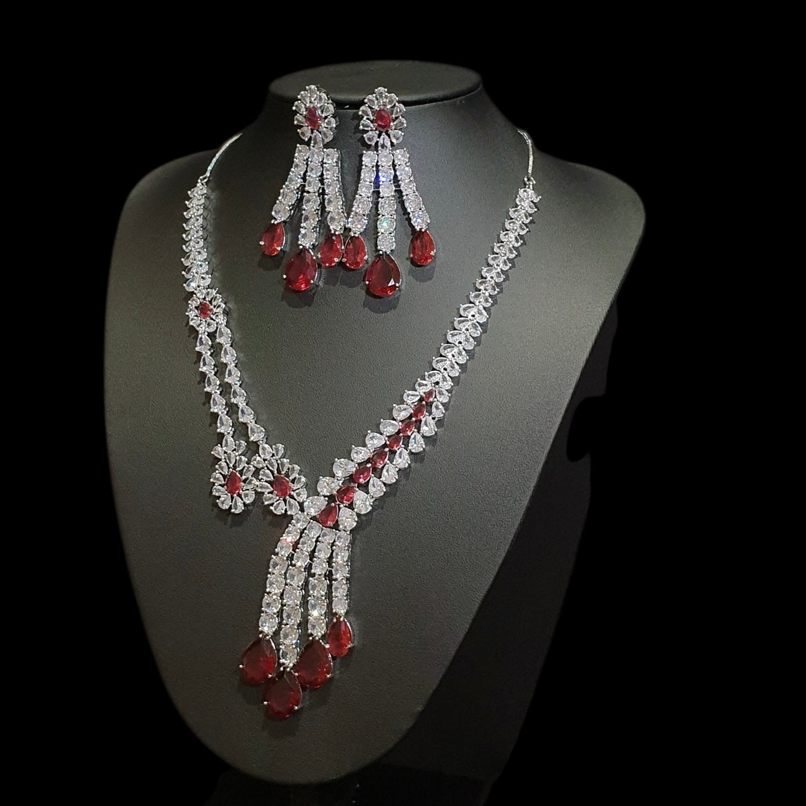 Lab-Grown Garnet Necklace Set with Cubic Zirconia – White Gold Plated