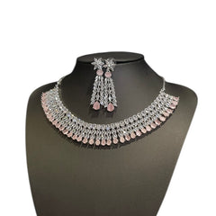 Pink Quartz Necklace Set With Cubic Zirconia - White Gold Plated