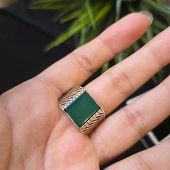 925 Silver Turkish Mens Ring With Green Onyx Gemstone (Size: U) Hallmarked