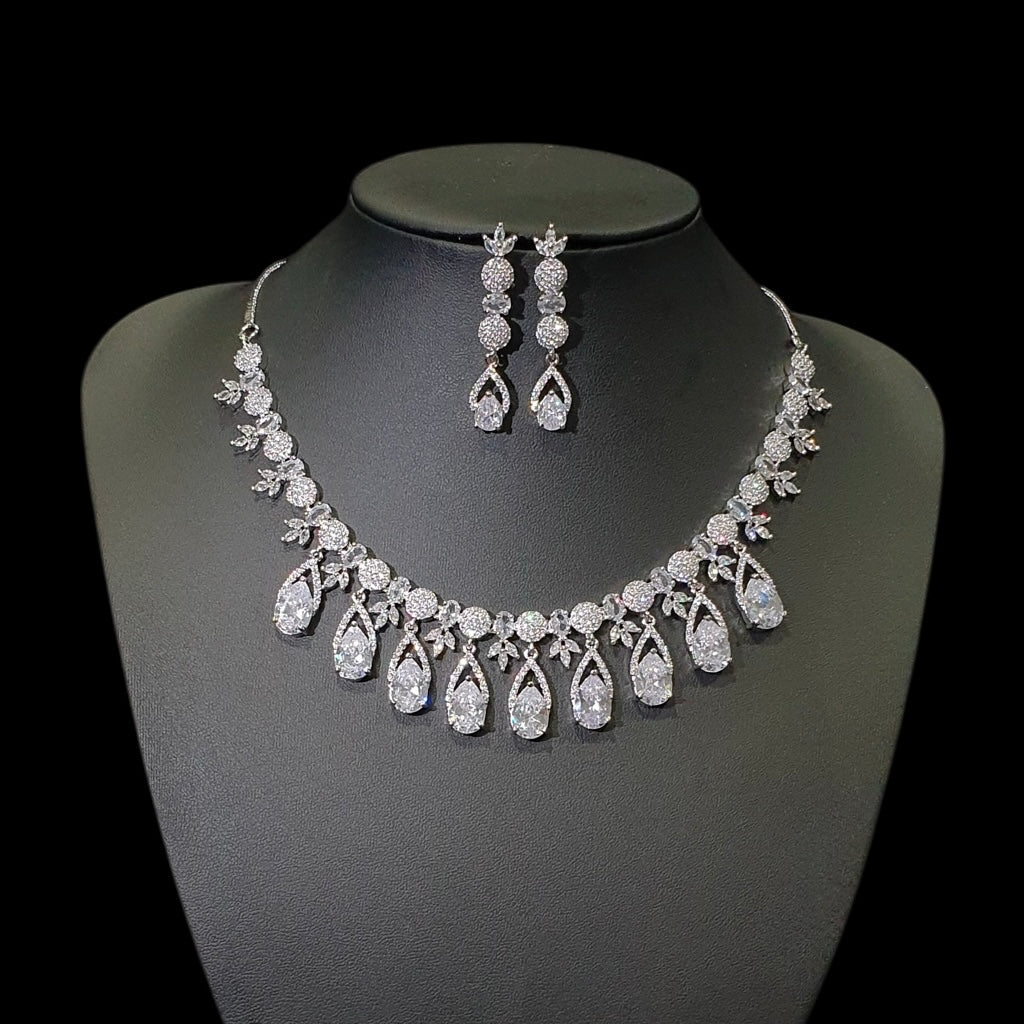 Clear Cubic Zirconia Necklace Set - White Gold Plated