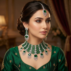 Gloria - Bespoke Emerald Green Statement Necklace Set with Earrings & Tika