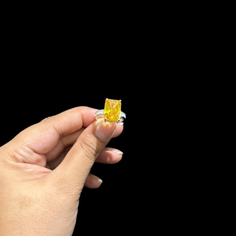 925 Silver Womens Ring With Lab Made Yellow Citrine (Size: P)