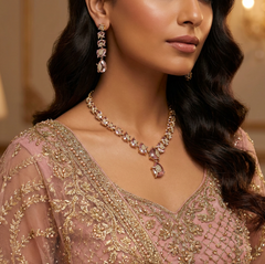 Ayra - Pink Stones Gold Necklace Set With Earrings