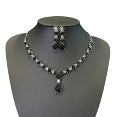 Black Quartz Necklace Set With Cubic Zirconia - White Gold Plated