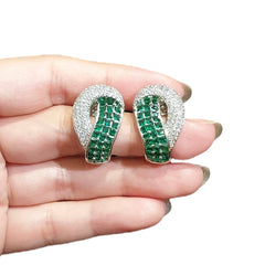 Stunning Emerald Green Stud Earrings with Cubic Zirconia - White Gold Plated