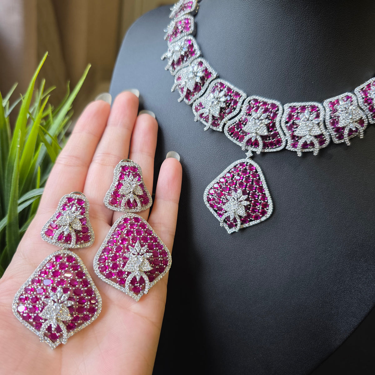 Ada - Bold Rubies Hot Pink Statement Necklace Set with Earrings