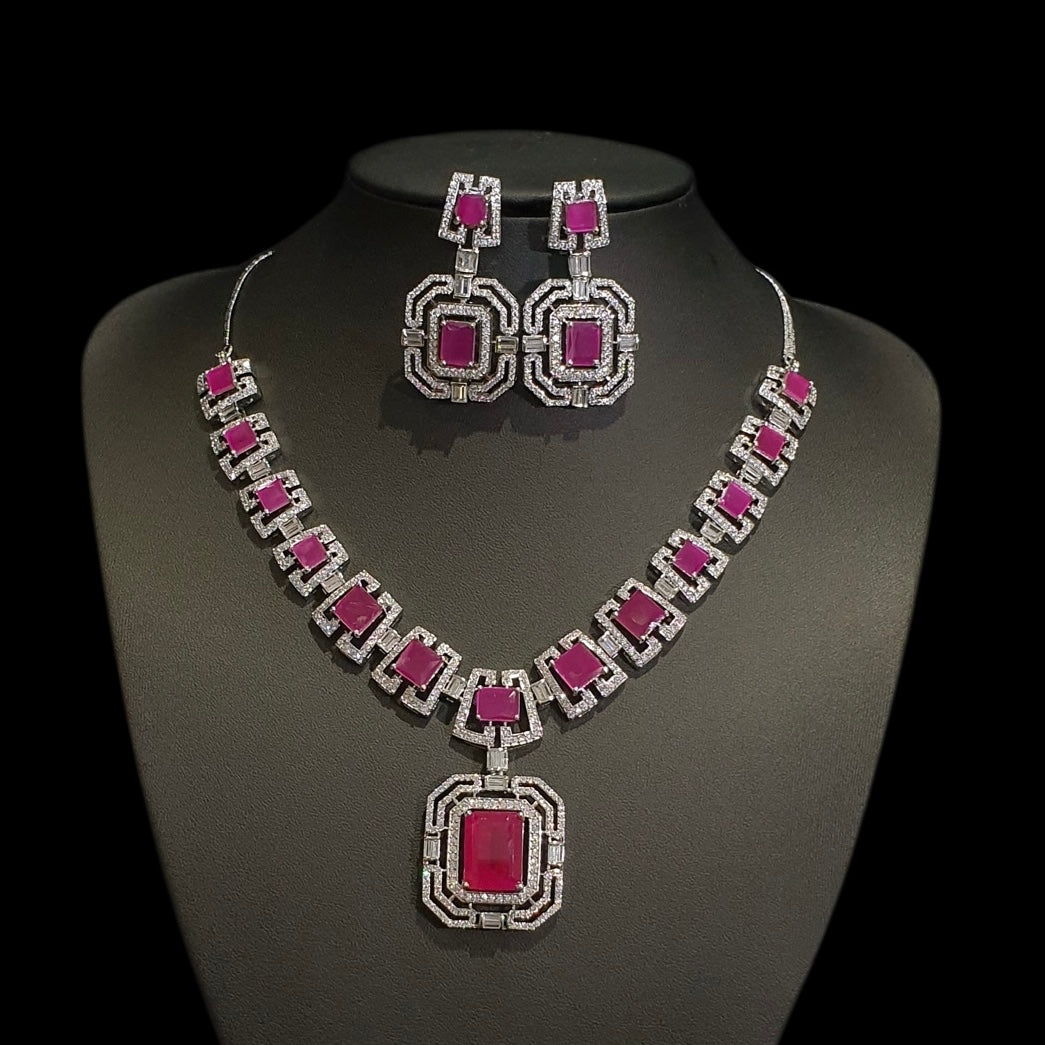 Rubies Necklace Set With Cubic Zirconia - White Gold Plated