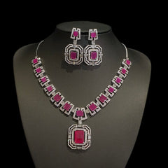 Rubies Necklace Set With Cubic Zirconia - White Gold Plated