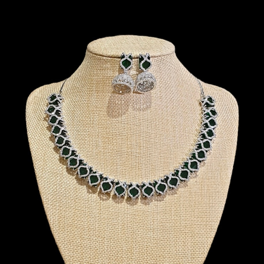 Lab-Grown Emerald Necklace Set – White Gold Plated with Cubic Zirconia