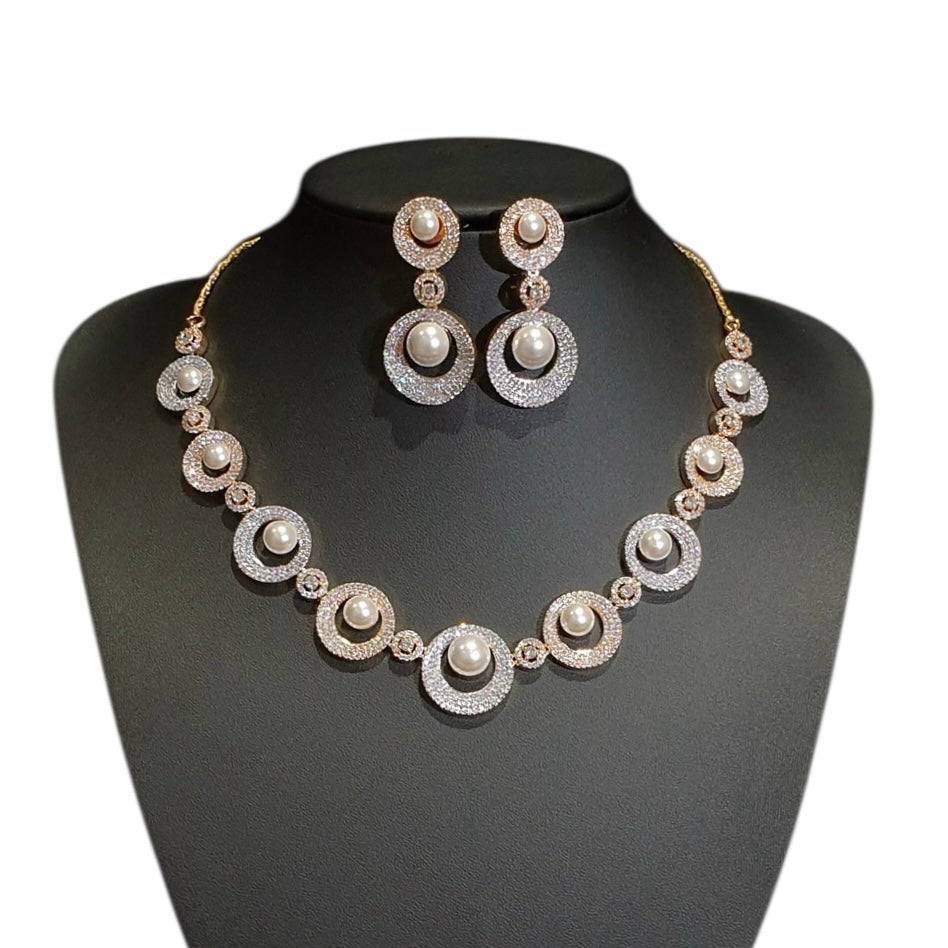 Pearl Necklace Set with Cubic Zirconia – Two-Tone White & Yellow Gold Plated