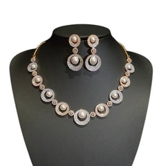 Pearl Necklace Set with Cubic Zirconia – Two-Tone White & Yellow Gold Plated