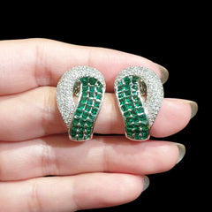 Stunning Emerald Green Stud Earrings with Cubic Zirconia - White Gold Plated