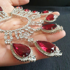 Stunning Garnet Red Statement Necklace Set with Tikka