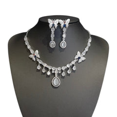 Grey Quartz Necklace Set With Cubic Zirconia - White Gold Plated