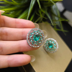 Light Green Topaz Stud Earrings With Cubic Zirconia - White Gold Plated