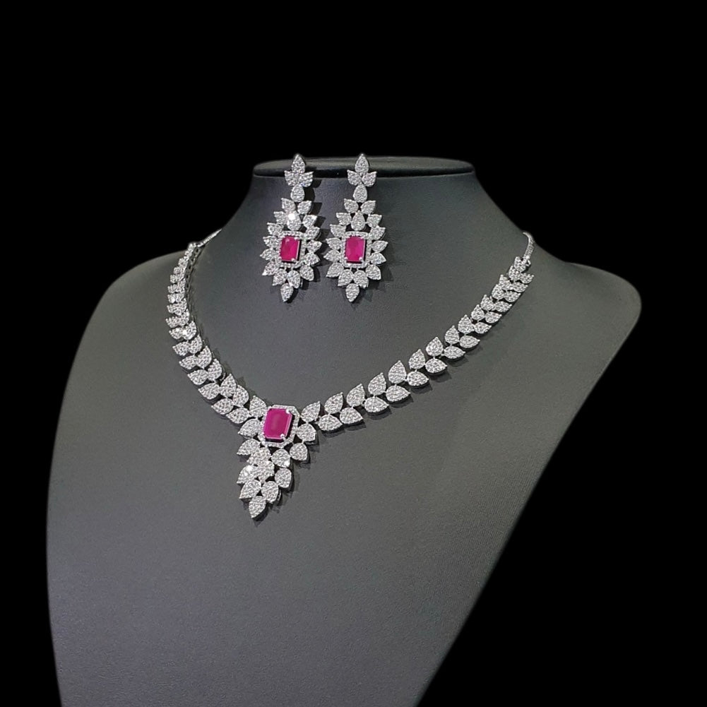 Ruby Necklace Set With Cubic Zirconia - White Gold Plated