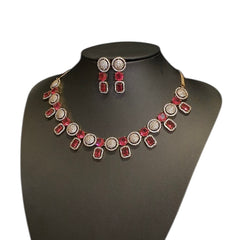 Elegant Garnets Necklace Set with Cubic Zirconia - Dull Gold Plated