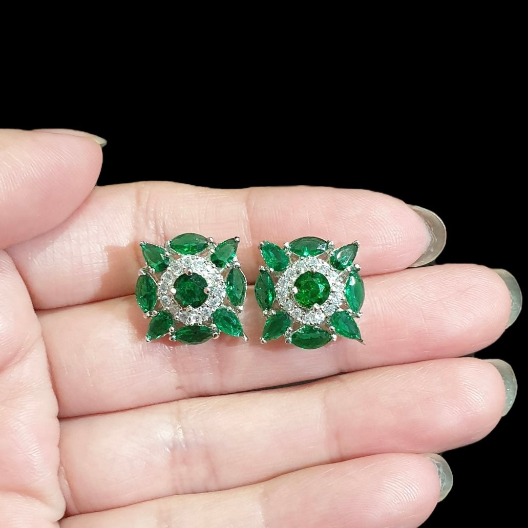 Emerald Green Stud Earrings With Cubic Zirconia - White Gold Plated