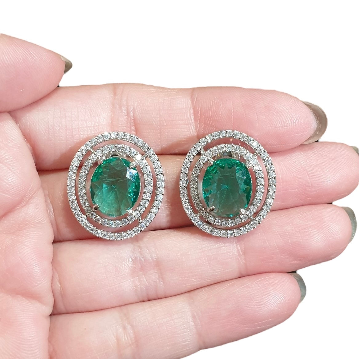 Green Topaz Stud Earrings With Cubic Zirconia - White Gold Plated