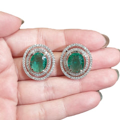 Green Topaz Stud Earrings With Cubic Zirconia - White Gold Plated