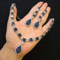 Blue Sapphire Necklace Set with Cubic Zirconia – White Gold Plated