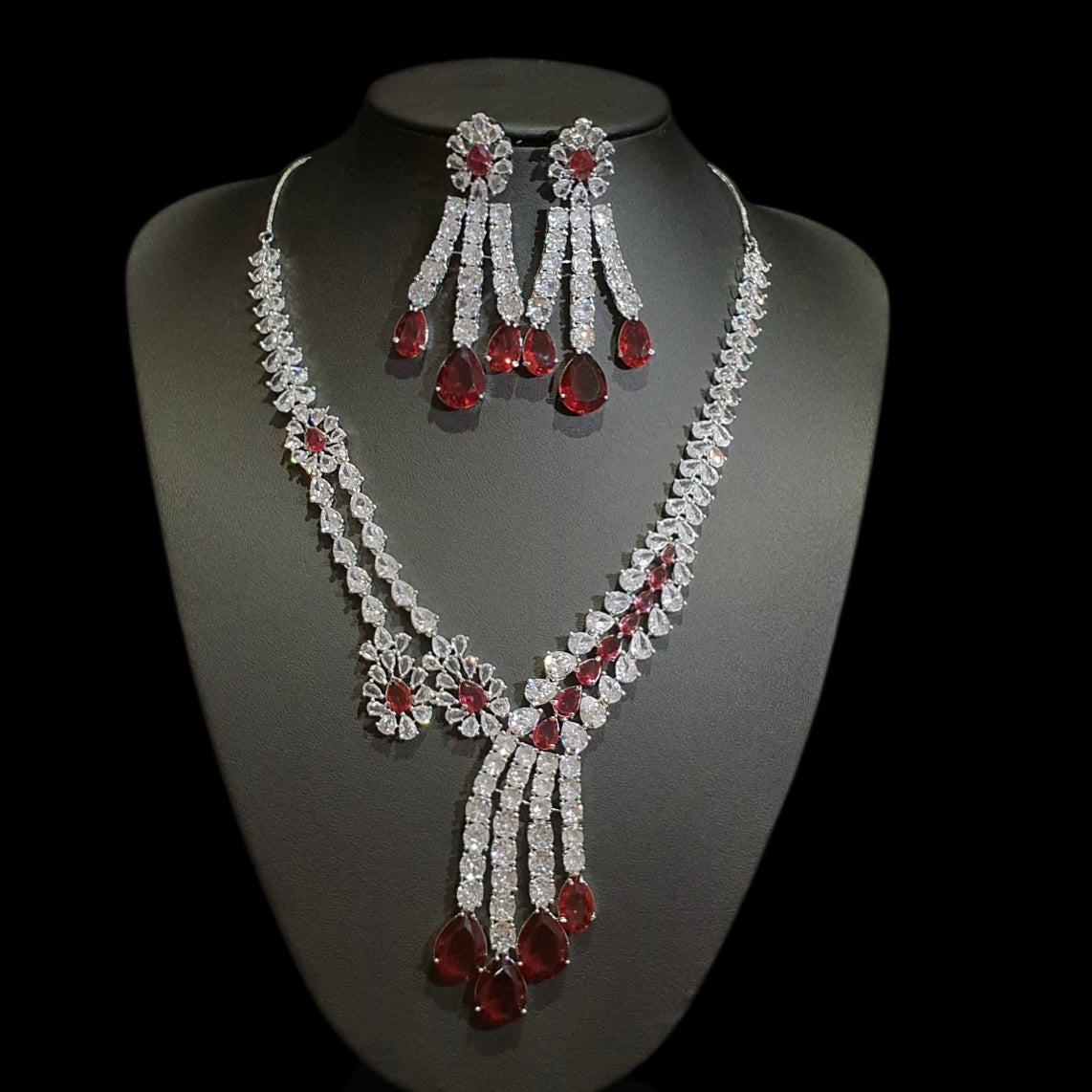 Lab-Grown Garnet Necklace Set with Cubic Zirconia – White Gold Plated