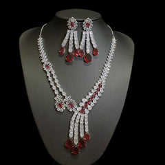 Lab-Grown Garnet Necklace Set with Cubic Zirconia – White Gold Plated