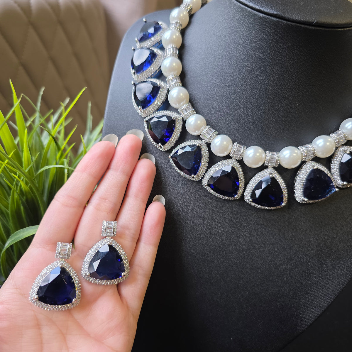 Niya - Timeless Pearls & Sapphires Blue Necklace set with Earrings
