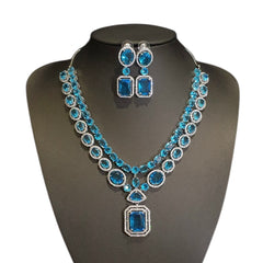 Blue Topaz Necklace Set With Cubic Zirconia - White Gold Plated