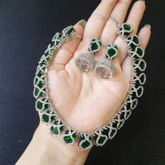 Lab-Grown Emerald Necklace Set – White Gold Plated with Cubic Zirconia