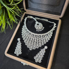 Jena - Dazzling Silver White Cubic Zirconia Necklace Set with Earrings and Tika
