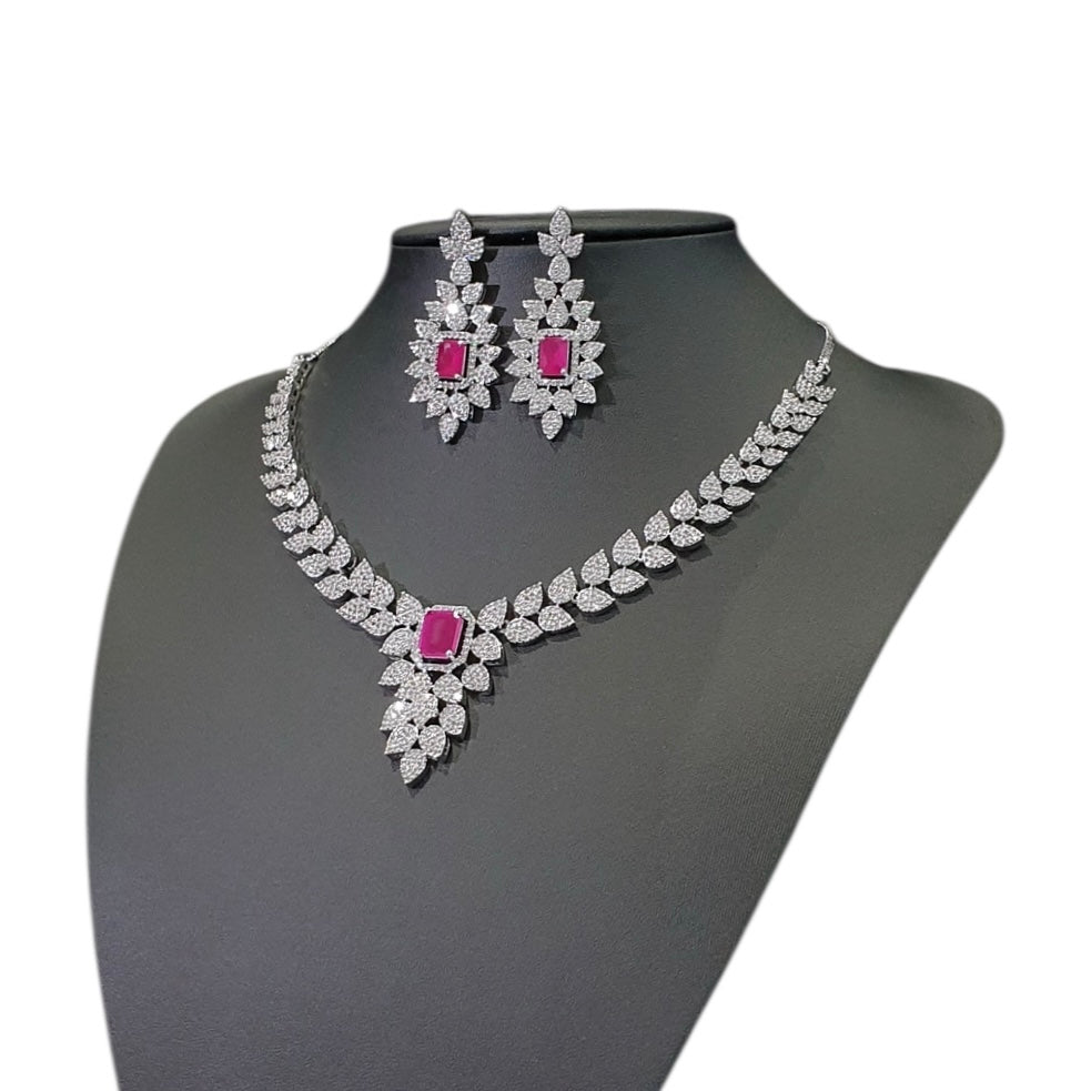Ruby Necklace Set With Cubic Zirconia - White Gold Plated