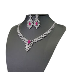 Ruby Necklace Set With Cubic Zirconia - White Gold Plated