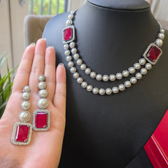 Ivy - Ruby Red Double layered Pearls Necklace set with Earrings