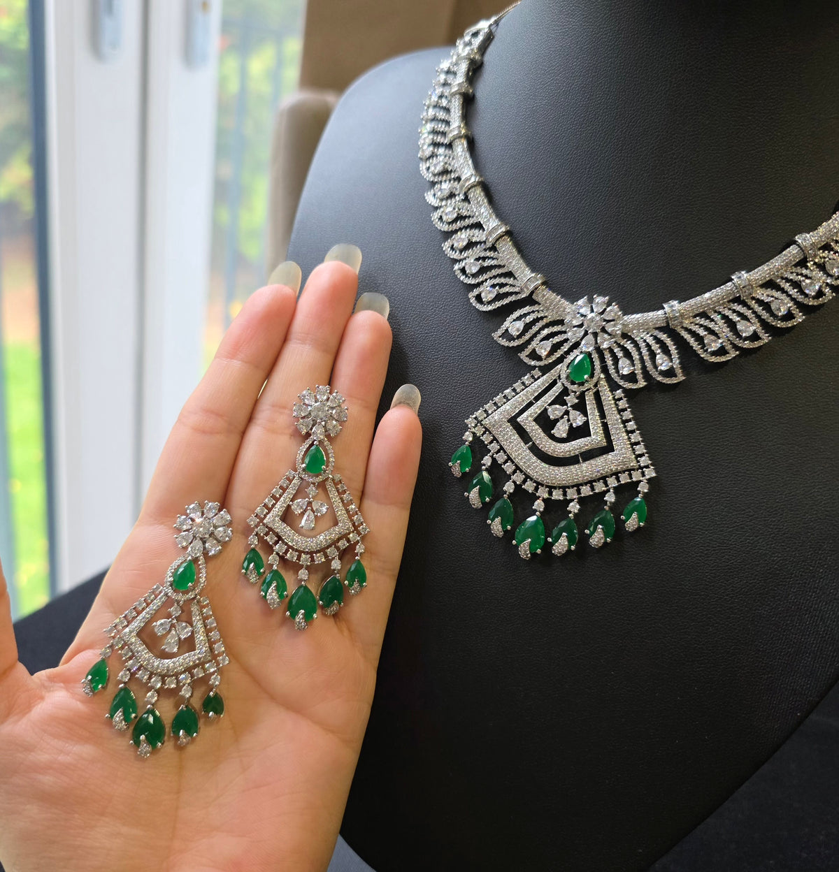 Lab-Grown Emerald Necklace Set with Cubic Zirconia – White Gold Plated