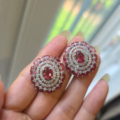 Garnet Red Stud Earrings with Cubic Zirconia - White Gold Plated