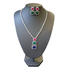 Lab-Grown Emerald, Sapphire & Ruby Necklace Set with Cubic Zirconia – White Gold Plated