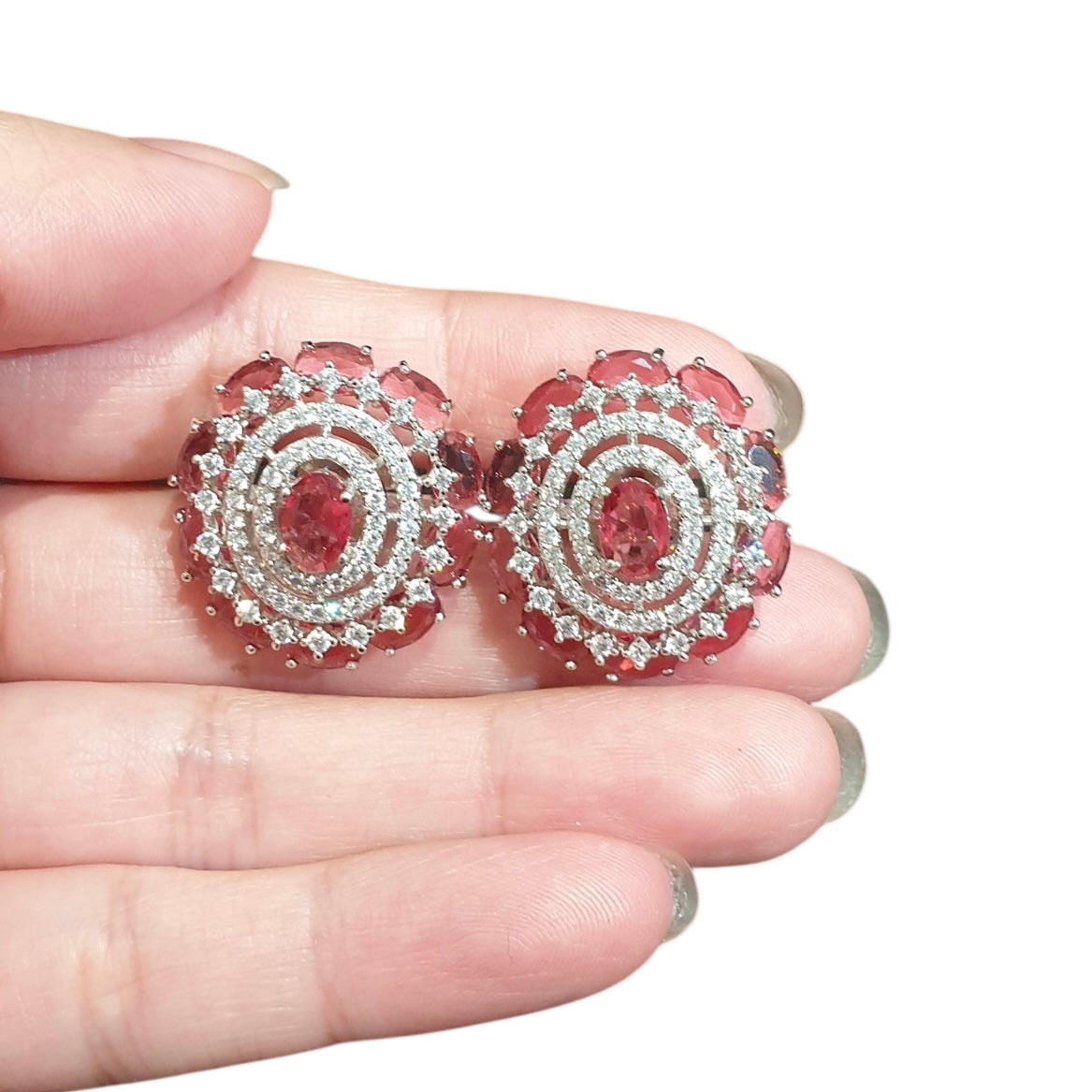 Garnet Red Stud Earrings with Cubic Zirconia - White Gold Plated