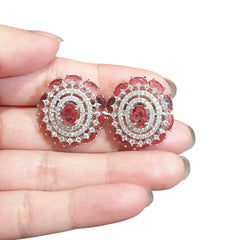 Garnet Red Stud Earrings with Cubic Zirconia - White Gold Plated