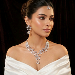 Curie - Dazzling Silver White Cubic Zirconia Necklace Set with Earrings & Tika