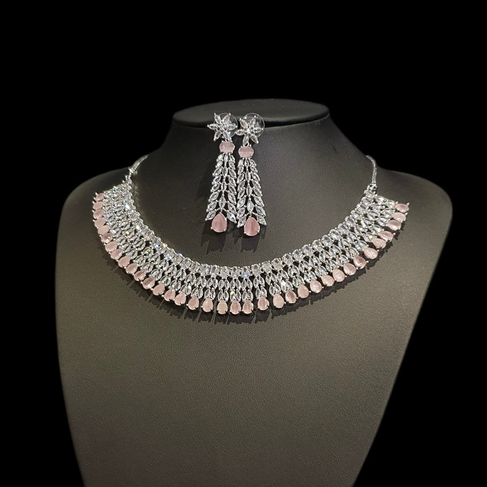 Pink Quartz Necklace Set With Cubic Zirconia - White Gold Plated