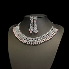 Pink Quartz Necklace Set With Cubic Zirconia - White Gold Plated