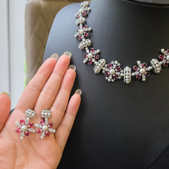 Lab Grown Garnets Necklace Set with Cubic Zirconia and Pearls